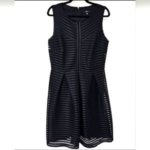 R&K Black Fit&Flare Sheer Eyelet Striped Overlay Sleeveless Cocktail Dress